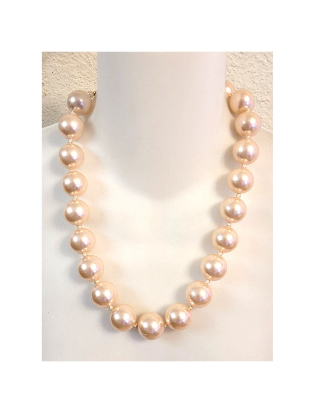 Vintage Chunky Faux Pearl Necklace Hand Knotted Statement Slight Pink Hue